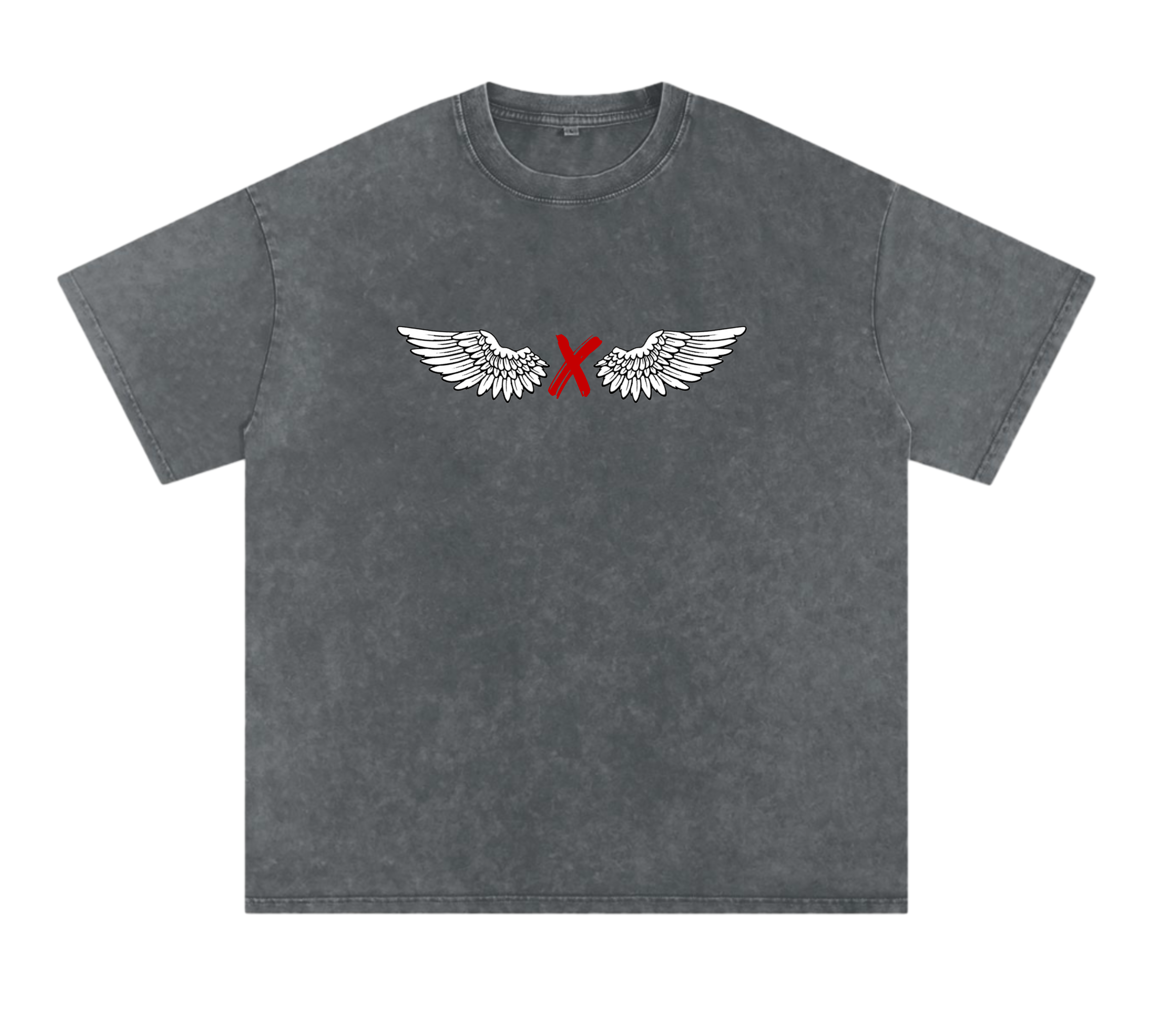 Gray t-shirt with wings and a red 'X'.