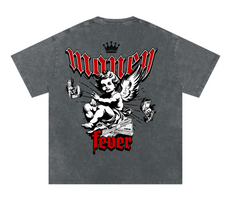 Gray t-shirt with 'Money Fever' graphic design featuring an angel and money symbols.
