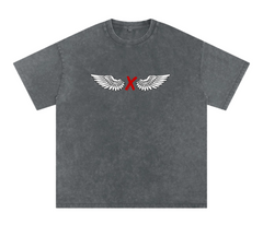 Gray t-shirt with wings and a red 'X'.