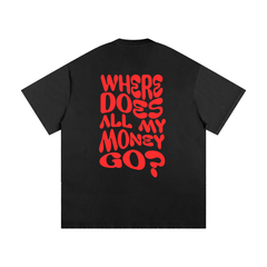 Black t-shirt with red text 'WHERE DOES ALL MY MONEY GO?'