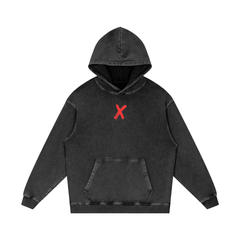Black hoodie with a red 'X' logo.