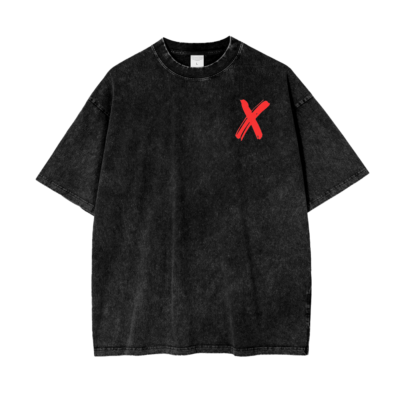 Black faded t-shirt with a red 'X' logo.