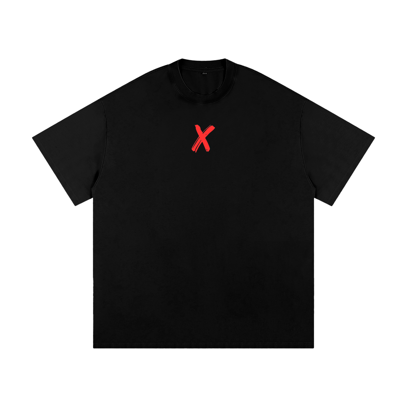 Black t-shirt with a red 'X' logo.