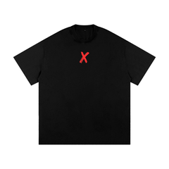 Black t-shirt with a red 'X' logo.